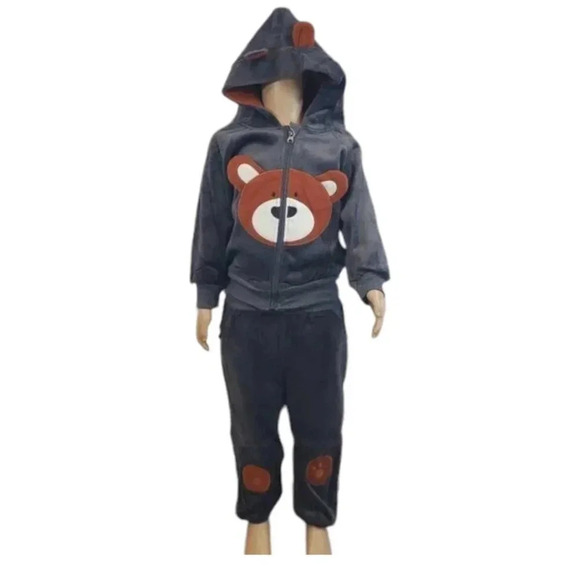 5T Toddler Grey Teddy Bear 2 piece Hoodie and Pants Velvet Outfit Set - Picture 1 of 14